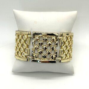 Wide Panel Bracelet Gold-Tone Statement With Fold-Over Clasp 7.5 " long X 1.5" W